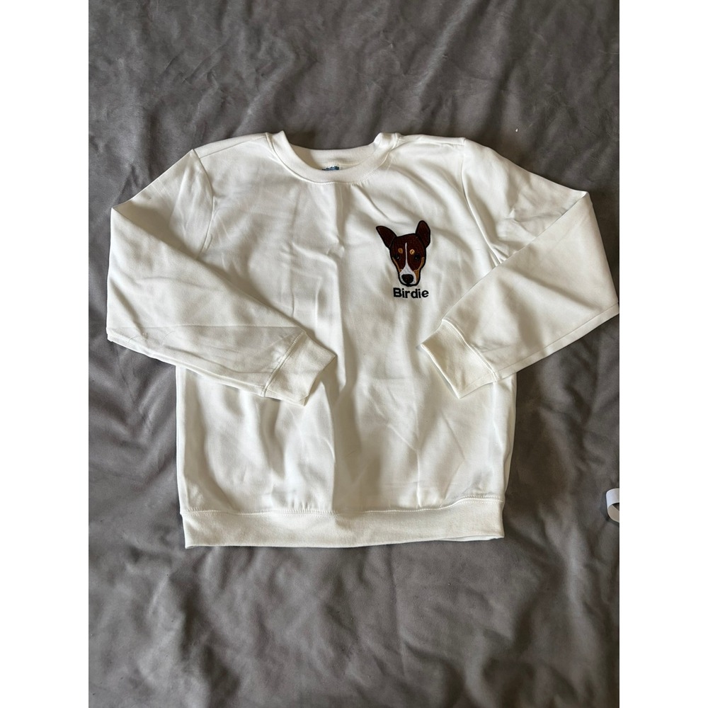 Vango Birdie Dog Embroidered White Cotton Crewneck Sweatshirt Mens Medium